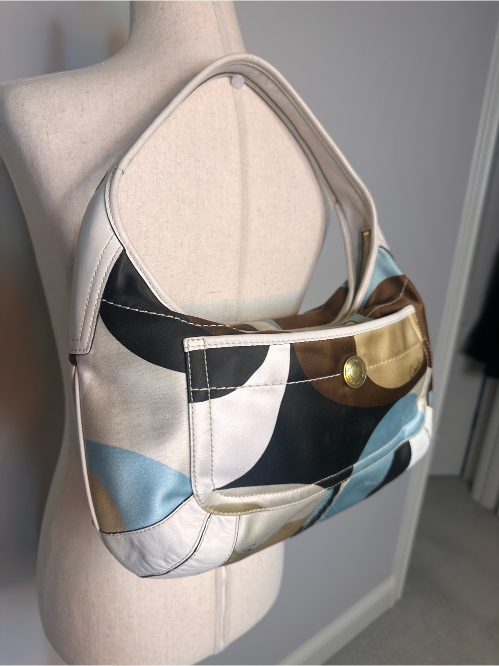 Vintage Coach Ergo Optic Scarf Print Brown Beige & Blue 2006 10781 blue cream - Picture 2 of 14